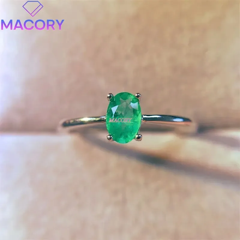 

Silver 925 Classic Simple Premium Design 4x6mm Natural Colombian Emerald Ring for Women Daily Wear Jewelry