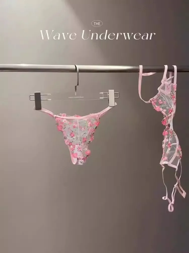Vintage Französische Dienstmädchen-Sexy-Dessous, durchsichtiges Set mit Blumenstickerei, schwere Spitze, 32–38 AB, bequeme Unterwäsche in Übergröße MOYISU – Detail 11