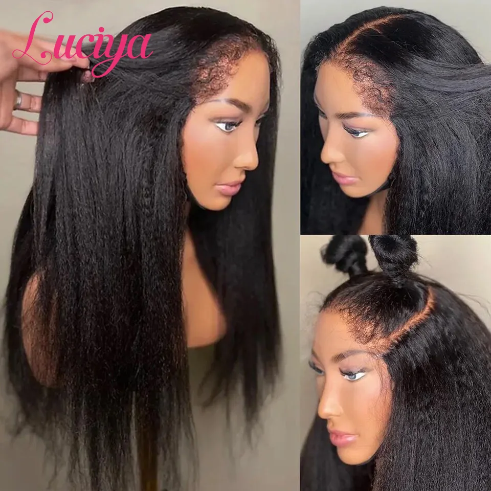 4C Edges Hairline Kinky Straight 13x4 Lace Front Wig Human Hair Transparent Yaki Straight Lace Frontal Wig  With Curly Baby Hair