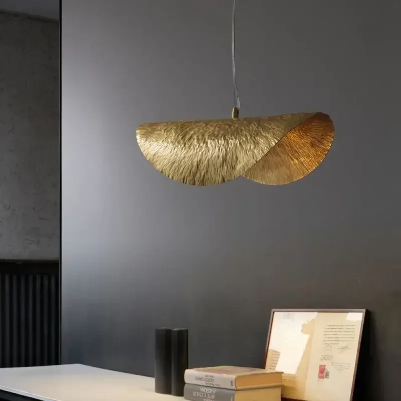 Medieval Gold Lotus Leaf Pendant Light LED Hand Woven Lampshade Chandelier Living Room Study