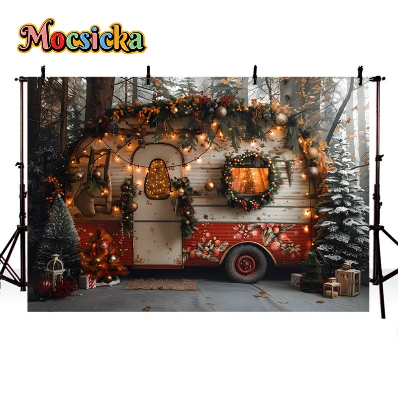 Mocsicka Winter Photography Background Christma Party Xmas Tree Caravan Snow Backdrop New Year\'s Eve Family Portrait Studio