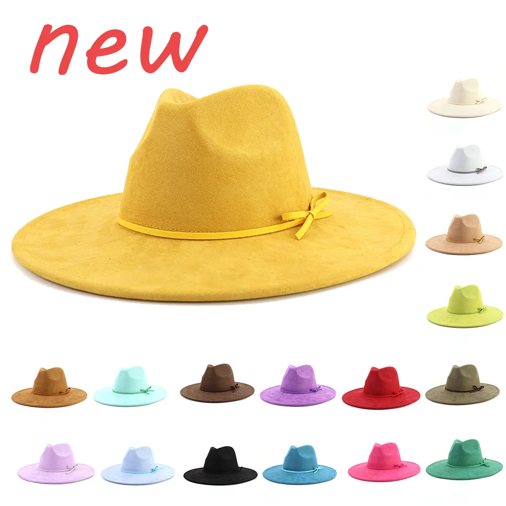 Suede fedora hat with same color accessories teardrop top wide brim hat for men and women Panama hat chapeau homme   sombrero