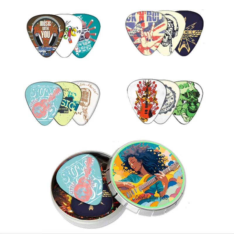 12PCS ABS Guitar Picks With Metal Box - Colorful Printed Plectrums For Electric/Bass, Guitar Accessories Gift Setabht