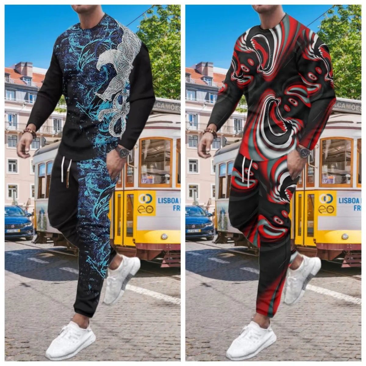 

Новые мужские брюки с 3D принтом, мужские модные брюки с круглым вырезом и длинными рукавами, дышащие, быстросохнущие, повседневные спортивные комплекты для бега, комплекты из 2 предметов