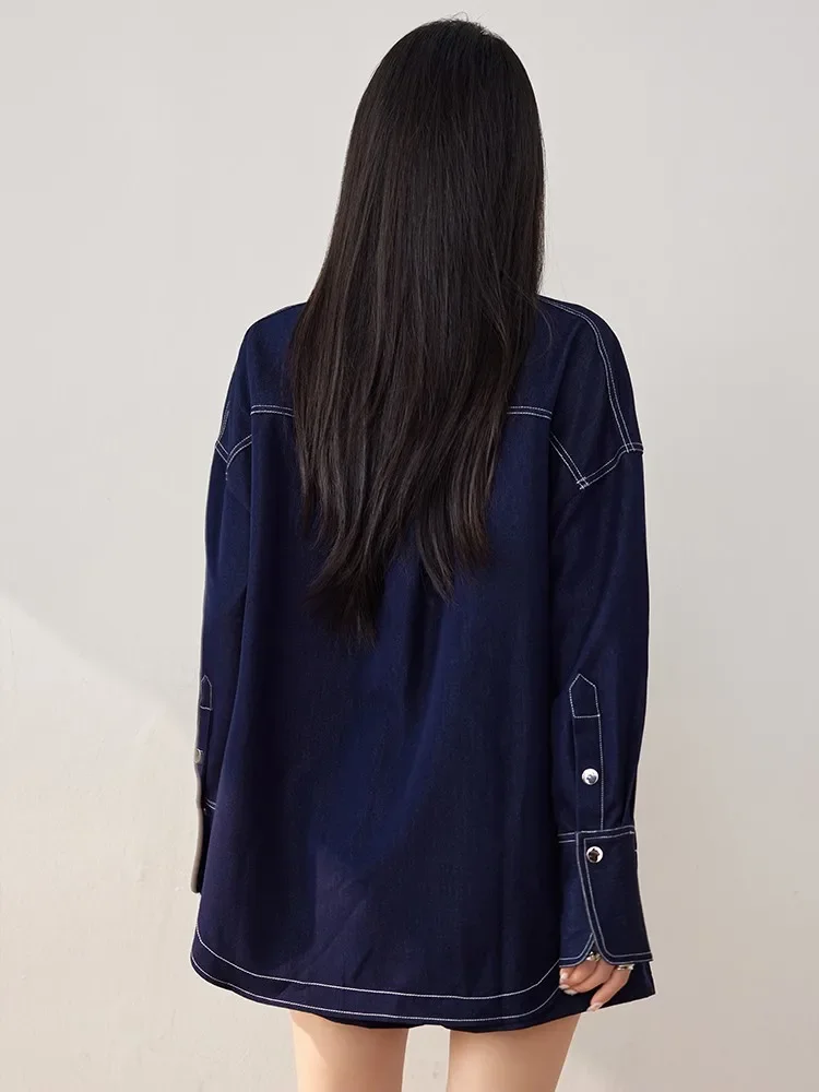 سترة دنيم زرقاء متعددة الاستخدامات للنساء، طراز جديد لخريف وشتاء 2024، بسيطة وراقية، فضفاضة وغير رسمية بأكمام طويلة #3