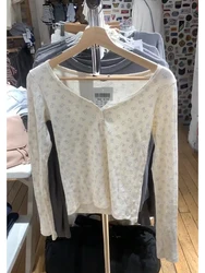 Camisetas de manga larga con estampado de oso pequeño para mujer, blusa ajustada de algodón con cuello redondo, Top corto Vintage, dulce y lindo, Y2k, otoño