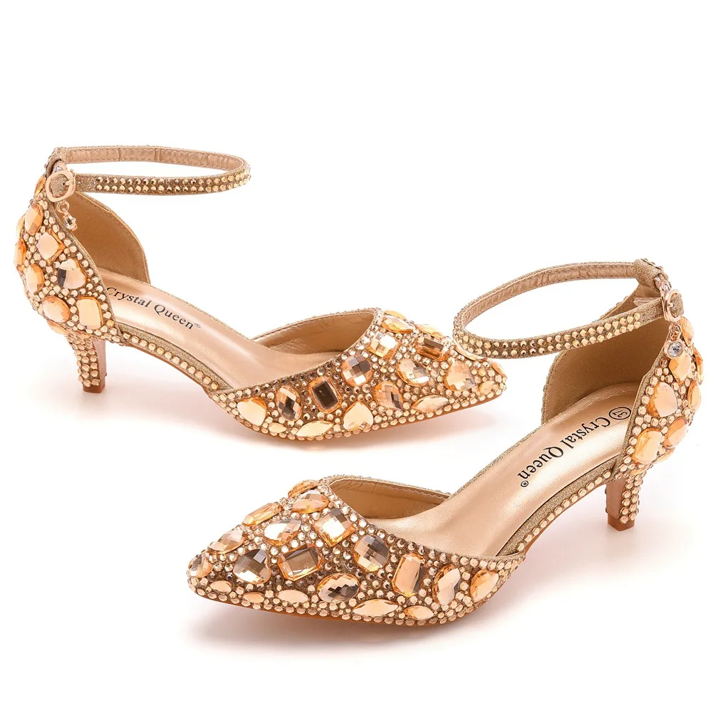 Summer Women Pumps Sandals Fashion Leather Champagne Gold Water Diamond Wedding PU 7.5 CM Thin Heels  Party Dance  Woman Shoe