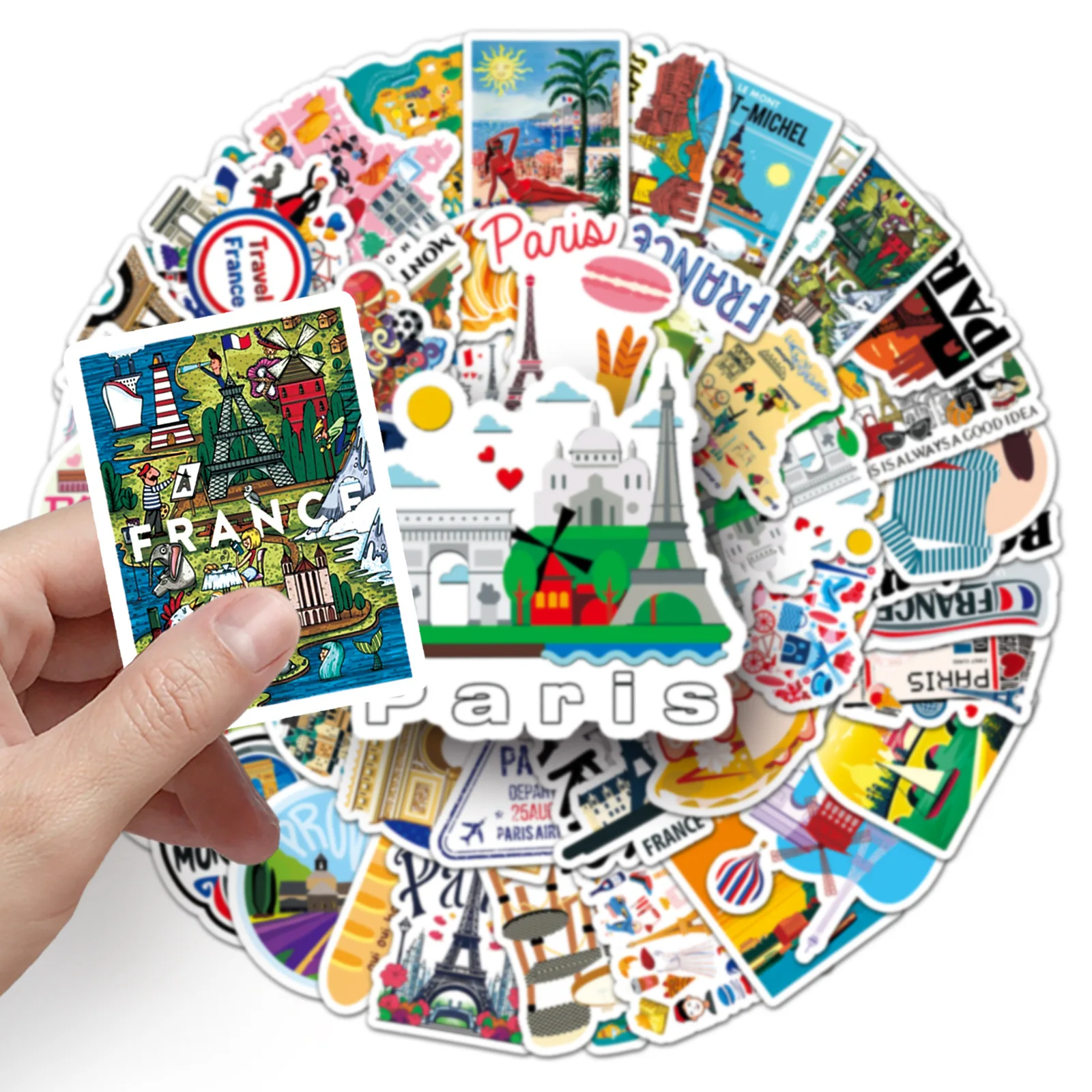 Confezione da 50 adesivi paesaggistici da viaggio in Francia, decalcomanie per il punto di riferimento della Torre Eiffel, per il regalo decorativo dei bagagli del laptop