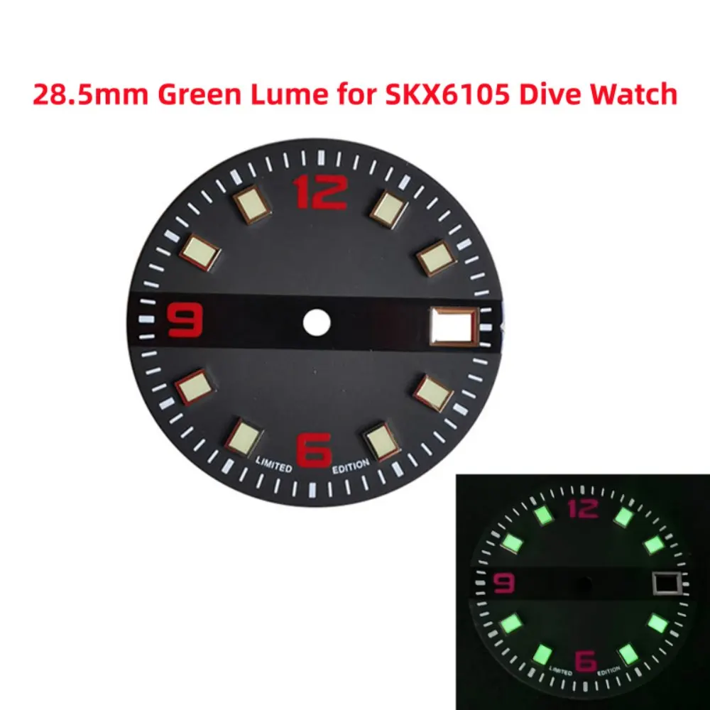 

Циферблат для часов Mod Watch 28,5 мм SKX6105, черный с красными цифрами 369, зеленое люминесцентное покрытие, подходит для механизмов NH35, NH36, 7S26, 4R, для дайверских часов.