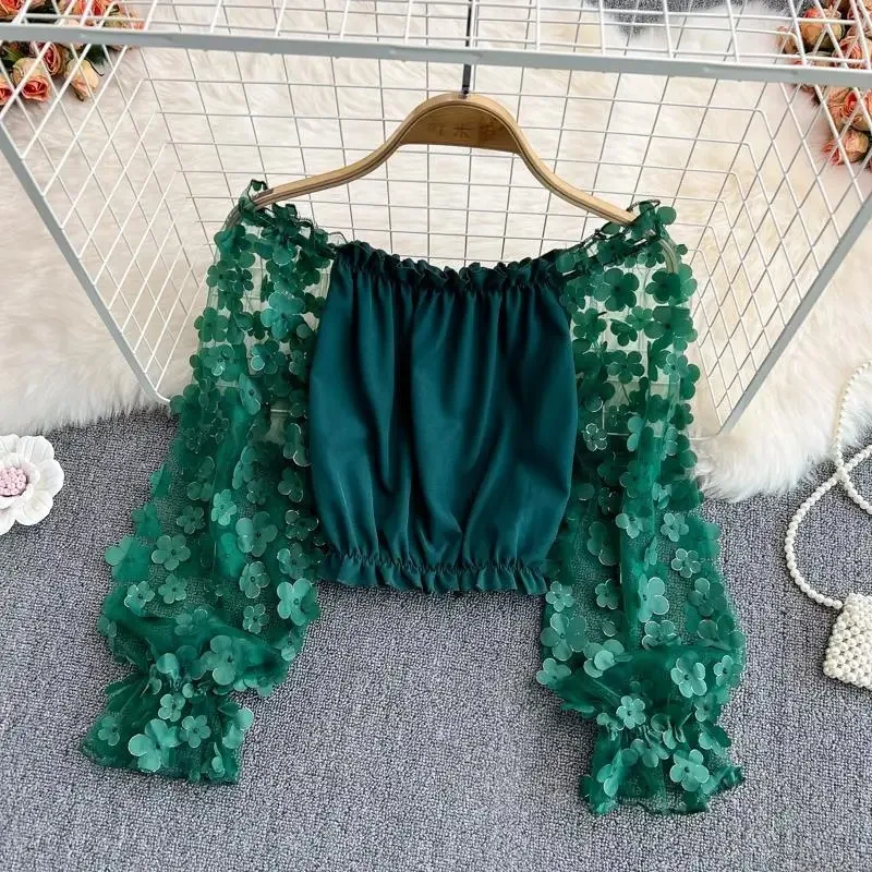 Women Blouse Flower Mesh Pleated Neckline Fashion Shirt Spring Summer French Chic Retro Shirts Ladies Back Zipper Gothic Top
