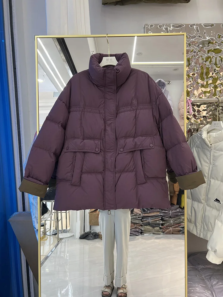 New down jacket women Korean version stand up collar thickened mid length warm loose color blocked white duck down coat