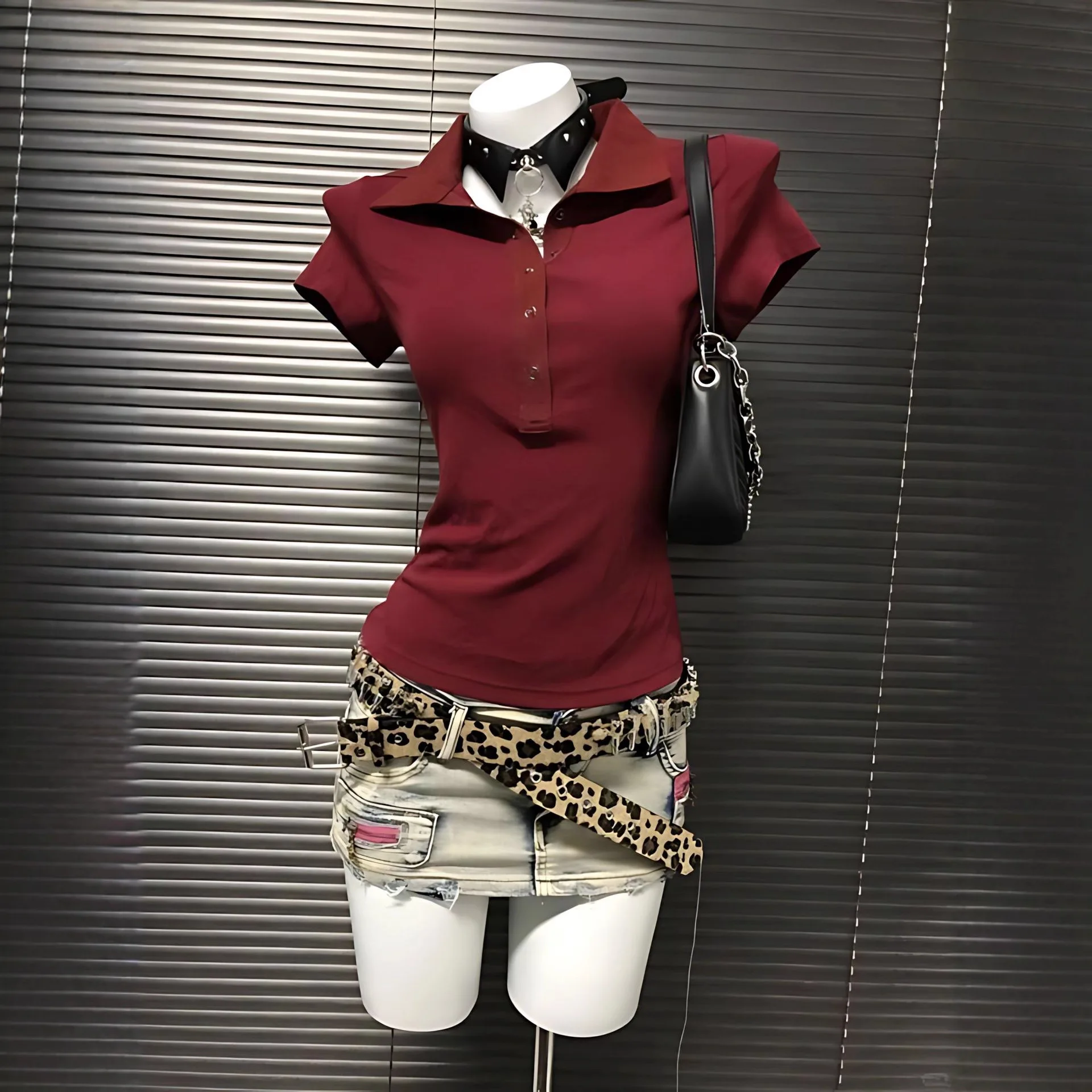 GC 2026 POLO Collar Solid Short Sleeve Women's T-shirts 90s Clothes Vintage Women Female Trashy Y2k 2000s Tops Gothic