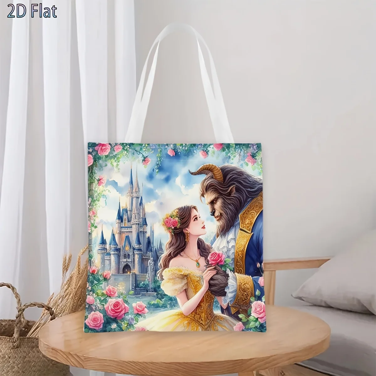 1pc Beauty and the Beast Castle & Roses Print Tote Bag, reus