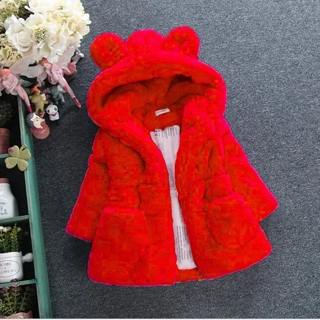 Winter Girl\'s Coat Furry New Hooded Bear Solid Color Long-sleeved Coat Thick Warm Cute Girls All Fashion Shawl