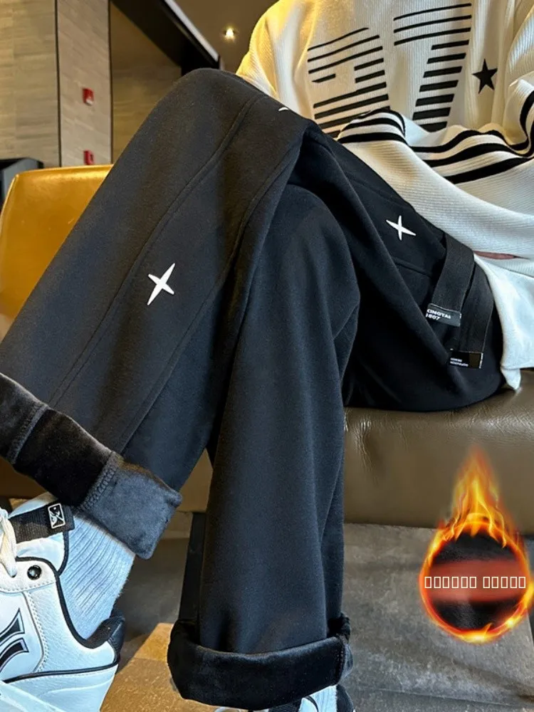 

Fce Lined Thiened Sweatpants Men's Winter Trend Star Print Loose Wide Leg Casual Long Pants Youth Faion Straight Leg P...