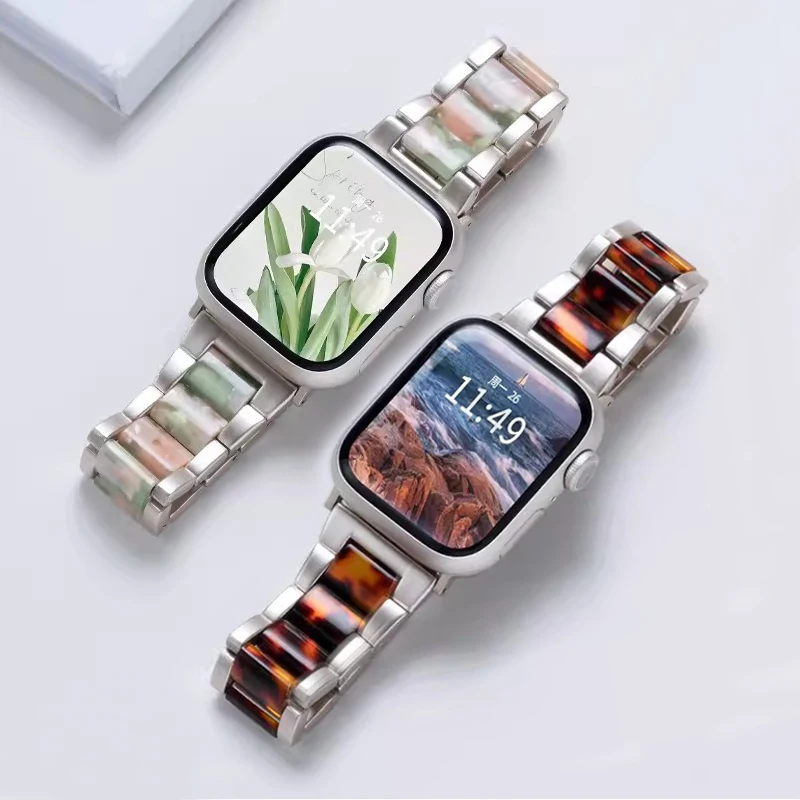 Starlight Resin Band For Apple Watch 9 Ultra 2 49mm 41 45mm Steel Metal Strap for iWatch Series 9 8 7  6 5 4 se 38 40mm 44 42mm