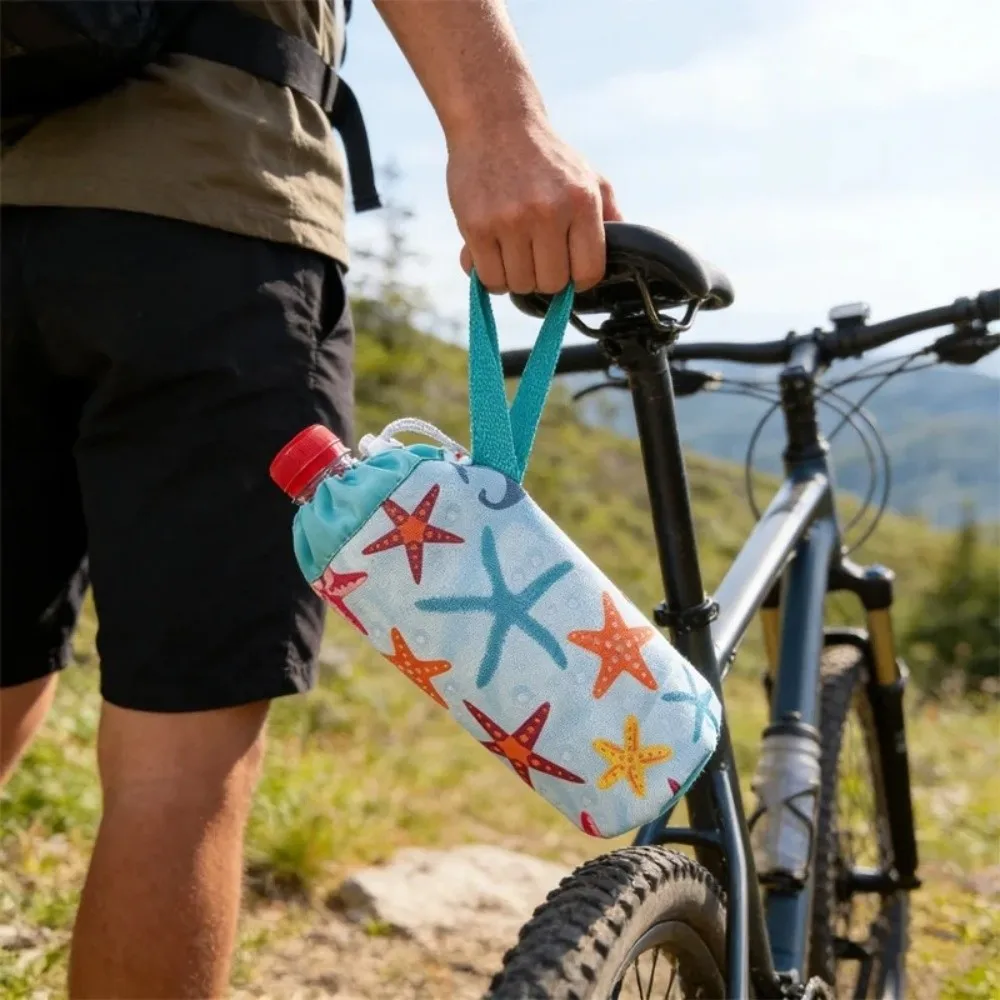 600D Oxford Fabric Insulated Water Bottle Bag Strawberry Printed with Handle Portable Cup Holder Pouch Drawstring Closure
