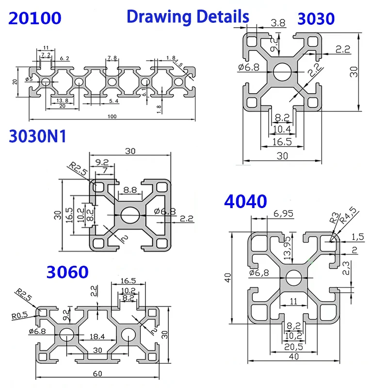 2020 2040 2060 2080 20100 3030 3030N1 3060 4040 Profilo in alluminio T-slot Standard UE Rail lineare Estrusione CNC Parti della stampante 3D