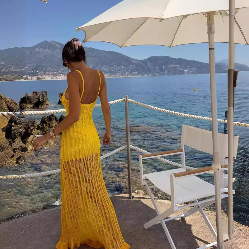 

2025 однотонное вязаное платье на тонких бретельках, женское сексуальное длинное вечернее платье с v-образным вырезом, летнее праздничное пляжное платье без рукавов