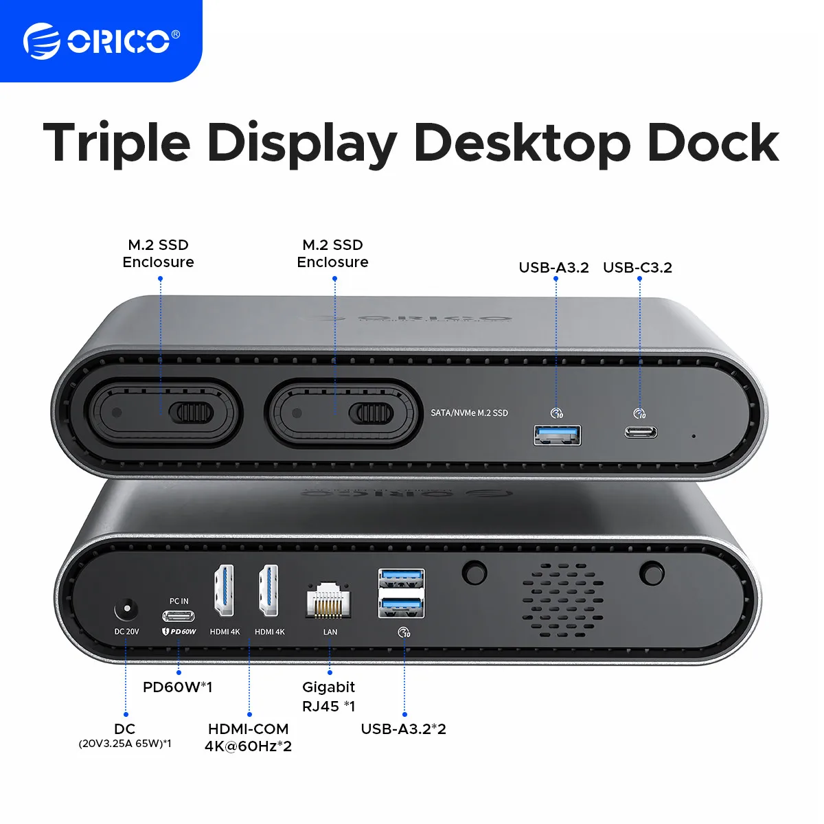 

ORICO USB C Triple Display Docking Station with 65W Power Adapter Dual M.2 SSD Case 4K60Hz HDMI-com PD60W Ethernet USB3.2 10Gbps