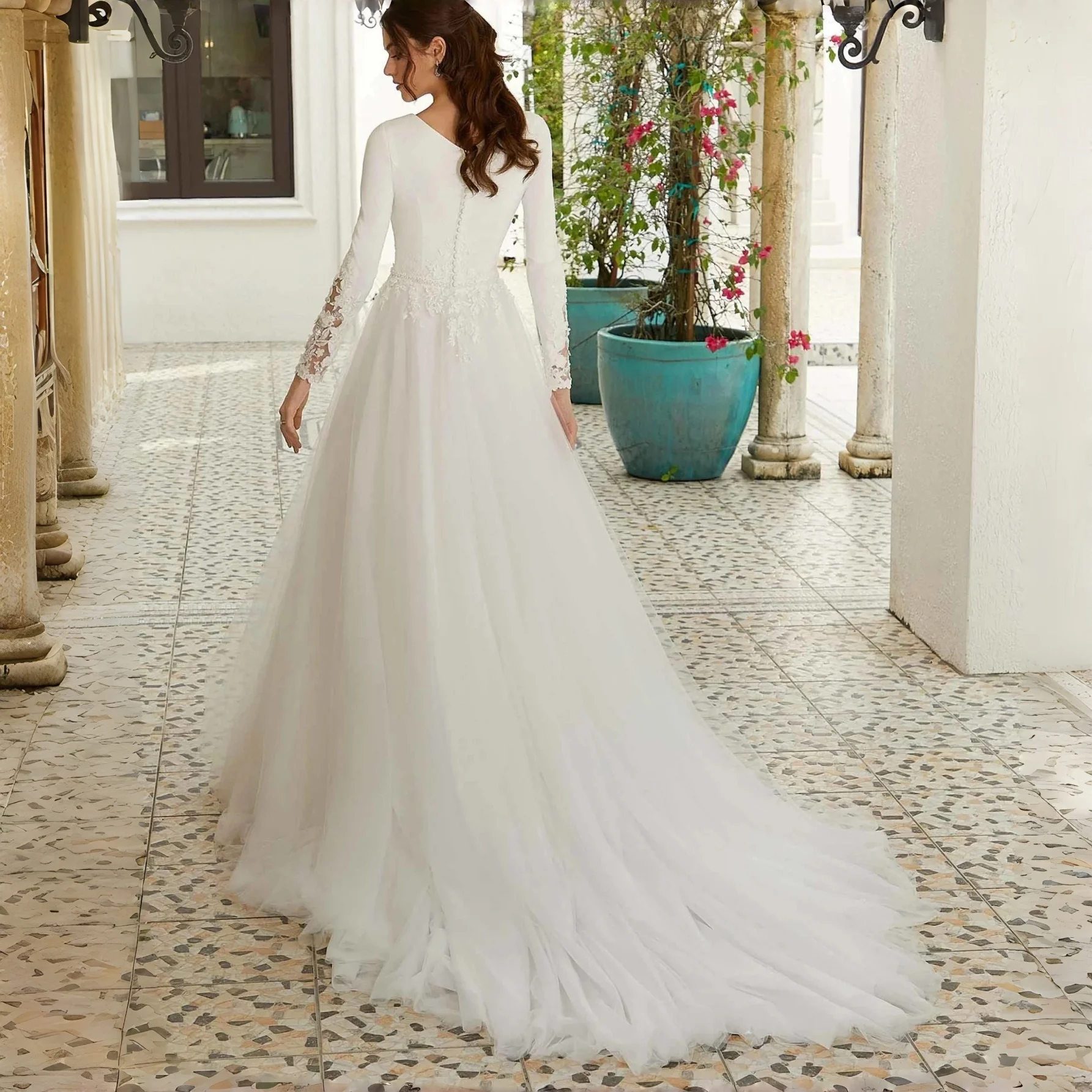 Boat Neck Long Lace Sleeve A Line Wedding Dress Matte Satin Bodice Floral Lace Waist Tulle Chapel Train Bridal Gown Customizable
