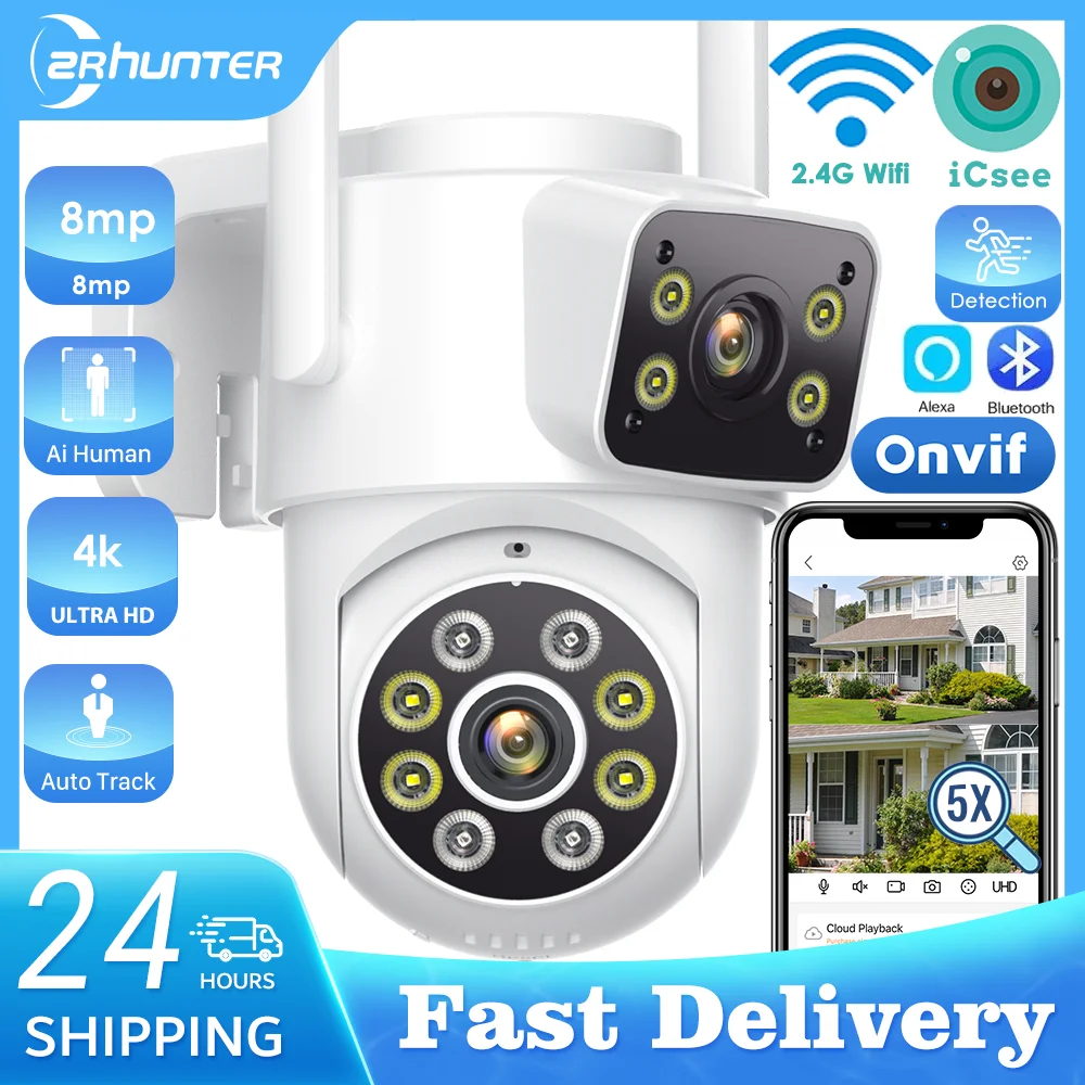 8MP Outdoors Wifi Camera 4K Dual Lens Security PTZ IP Camera 5X Digital Zoom Lens Human IP66 Waterproof Auto Detect Tracking Cam