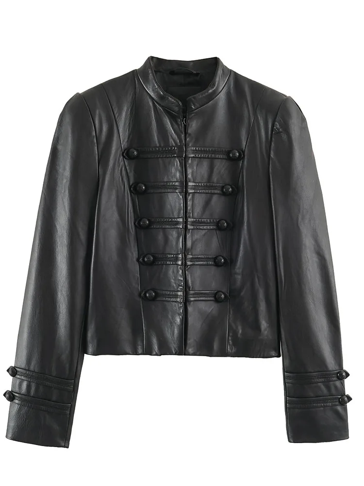HH Women Spring Autumn Black Faux Leather Jacket Stand Collar Double Breasted Long Sleeve Cropped For Holiday Vacation Wear