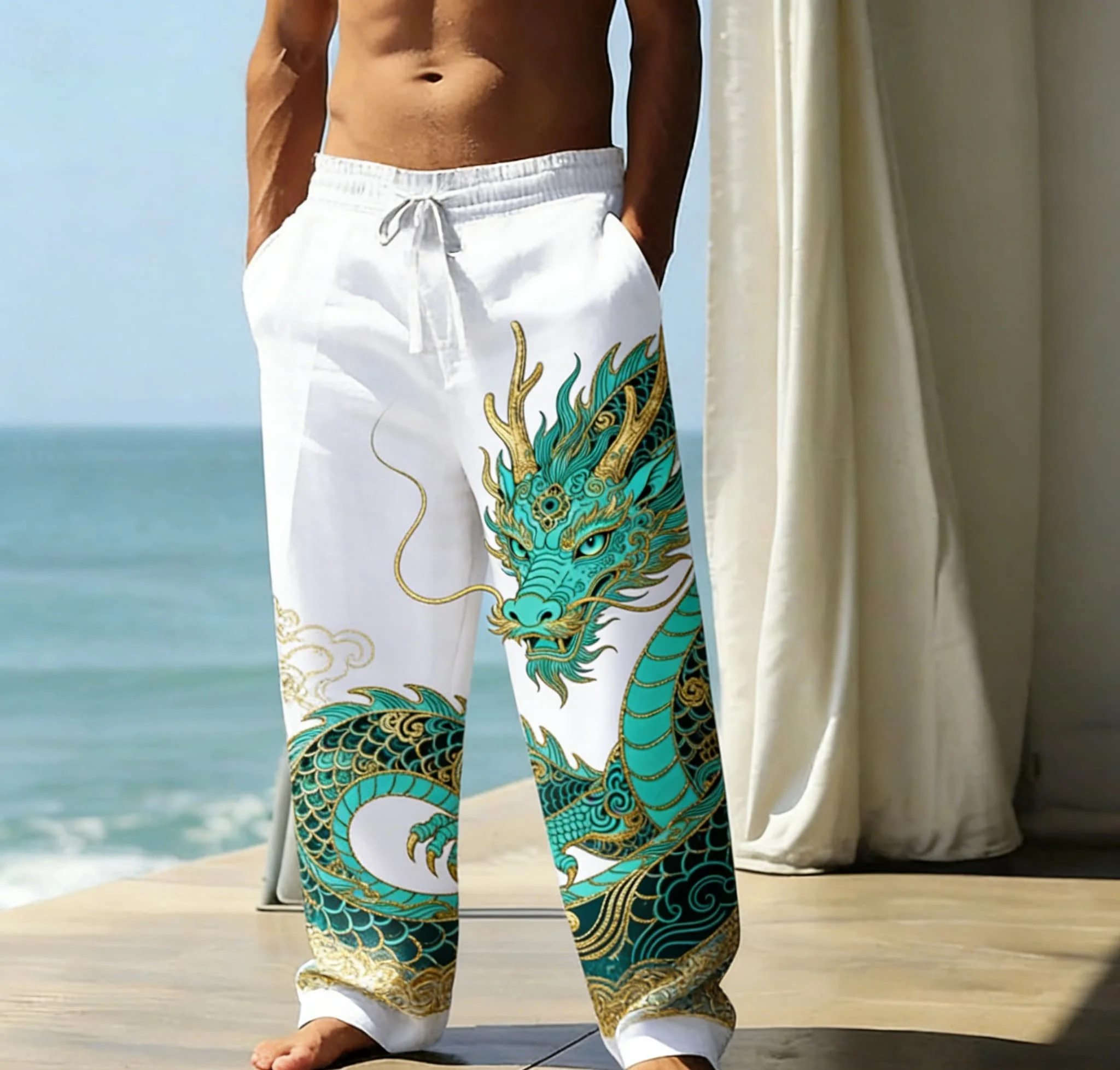 Men's Summer Thin Long Trousers With Elastic Waist, Casual And Versatile Hawaiian Print