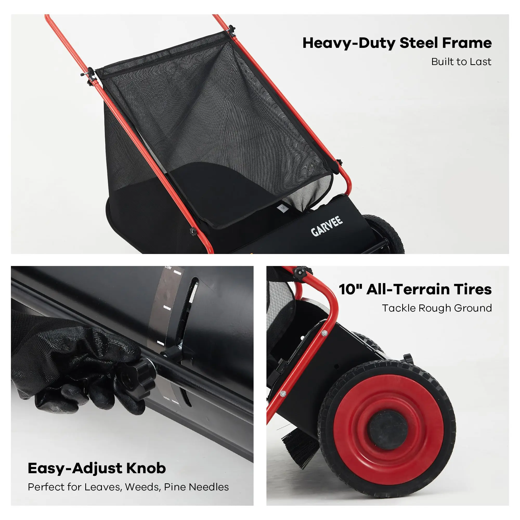 Efficient Yard Cleanup Push Lawn Sweeper 26-Inch Wide 7 Cu. ft. Grasshopper 4 Spinning Brushes Adjustable Height Durable Steel Frame Rubber Tires Leaf And Grass Collector