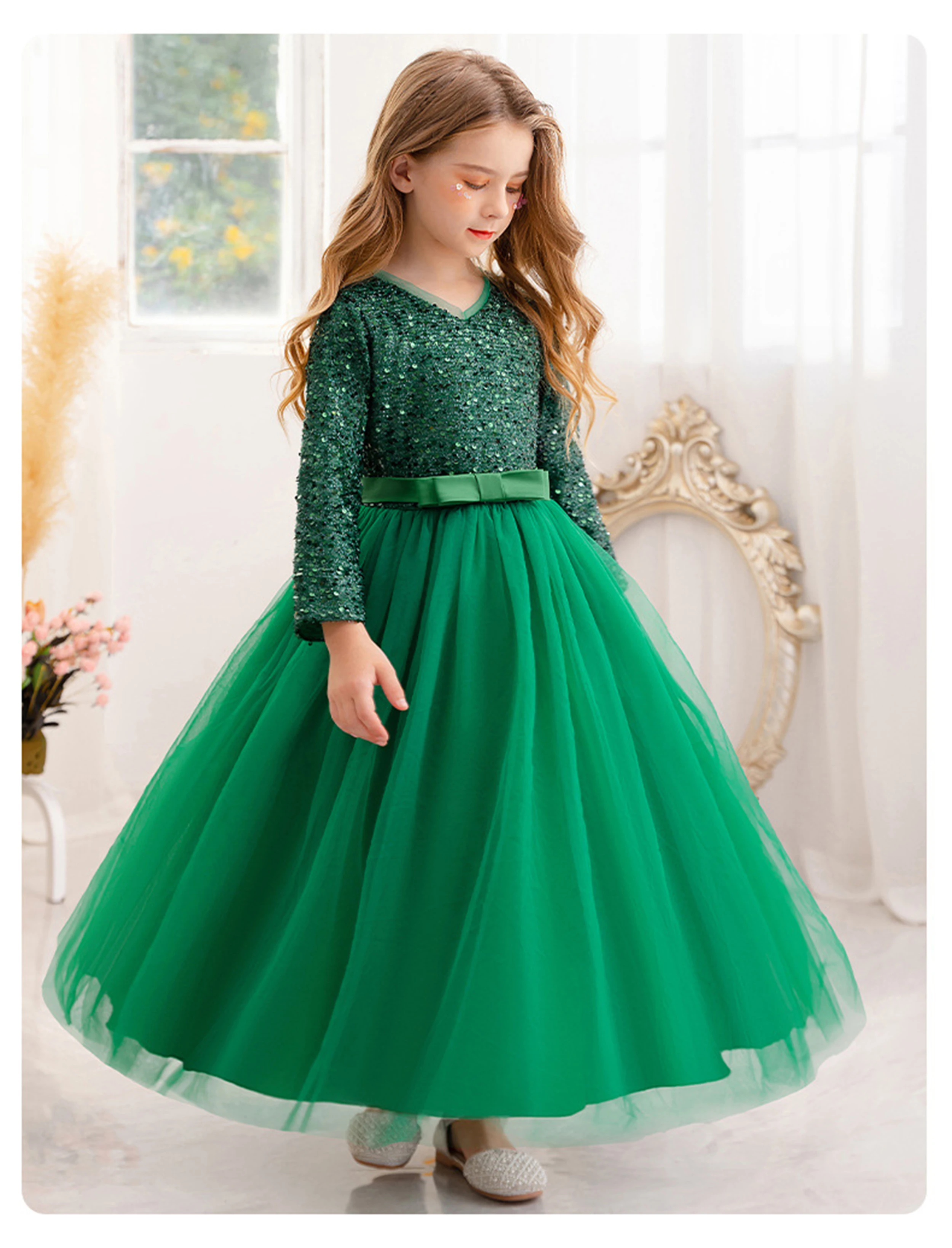 Little Big Girls Winter Long Sleeves Sequined Flower Girl Birthday Party Pageant Holiday Long Dress 23822