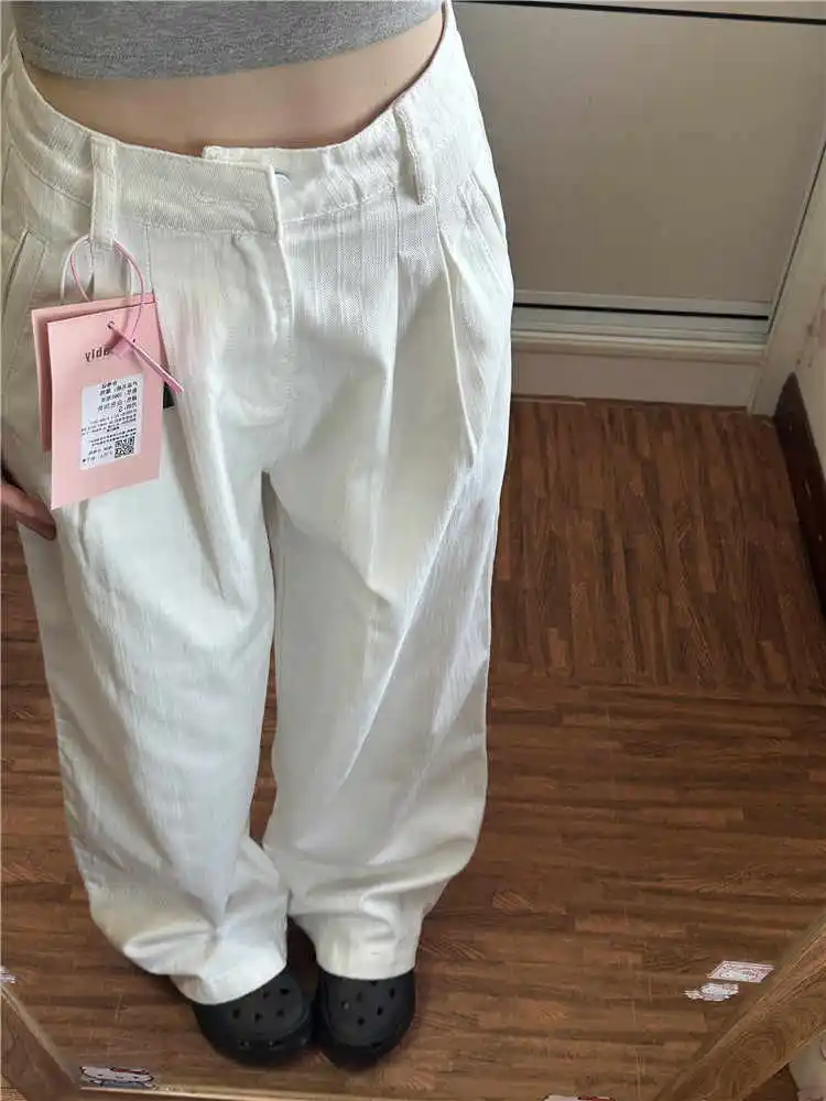 

Women's Baggy Jean White Denim Pants American Retro Y2k Designer Stylish Cleanfit High Street Wide Fit Cowboy Japanese Harajuku