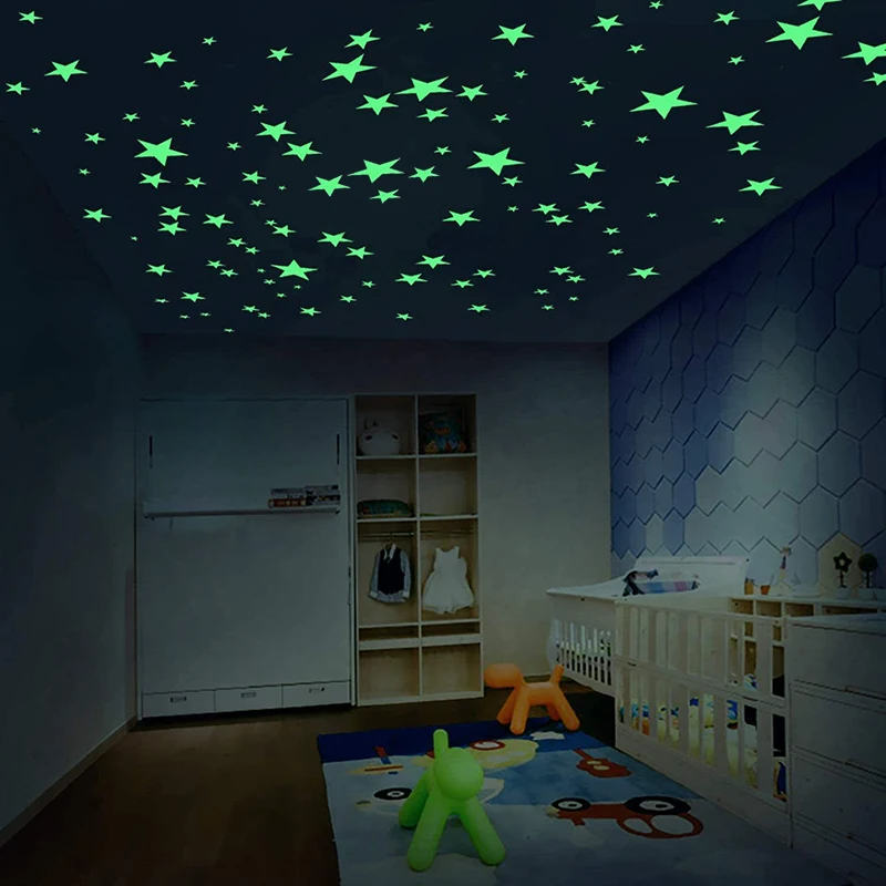 55 Sheet of Luminous Star Wall Stickers, 2D Fluorescent Stickers for Home Kids' Bedroom Ceiling & Wall Art Decals