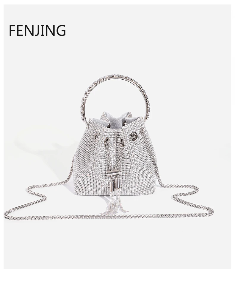 Diamonds Tassel Evening Clutch Bag Women Luxury Designer Metal Ring Handle Shiny Crystal Bucket Purse Bridal Wedding Handbags