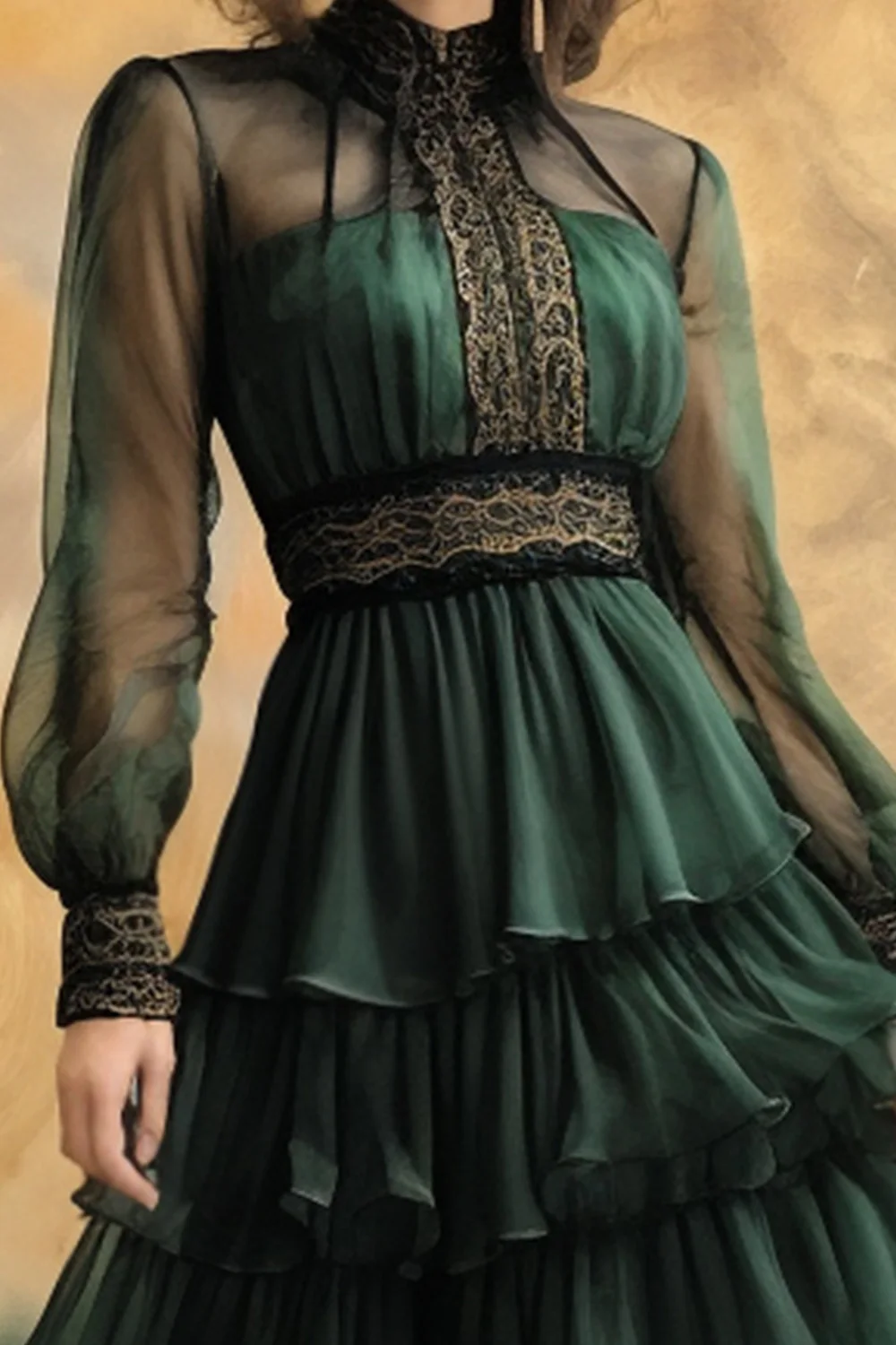 Vestido formal feminino malha verde escuro transparente manga comprida vestido maxi em camadas