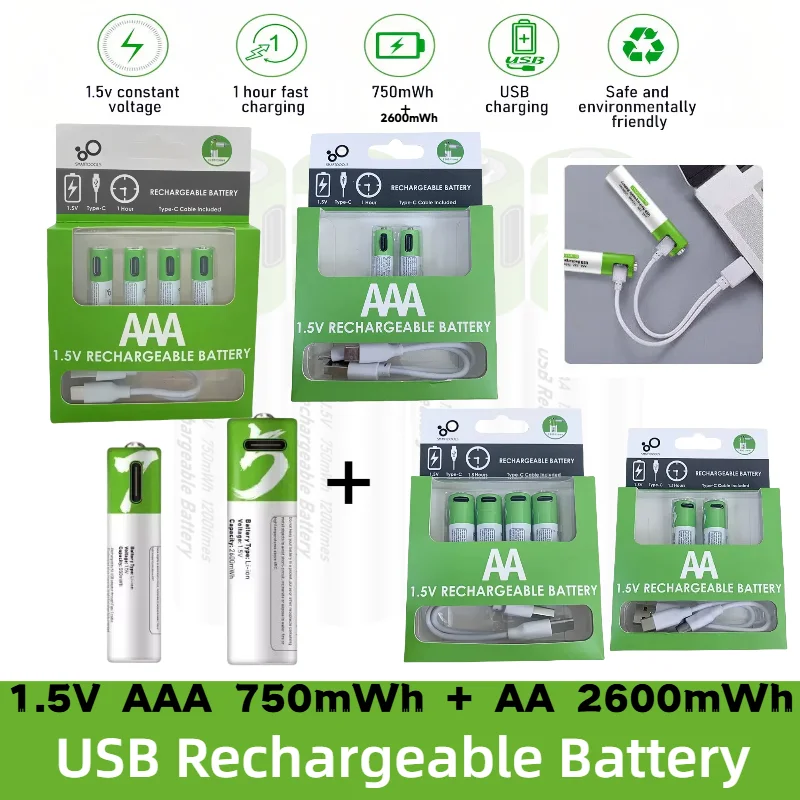 

1.5V AAA/AA Lithium Ion Battery with 750mAh/2600mAh Fast Charging USB Rechargeable Lithium USB Battery for Toy Keyboard