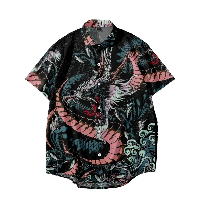 Chemise hawaïenne à manches courtes pour hommes, haut respirant, chemisier décontracté, chemise vintage, vêtements de la société, nouvel an, dragon, Y2K