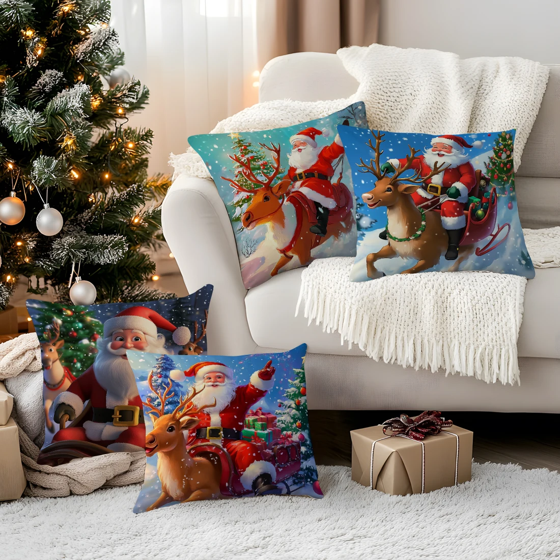 

Наволочка Санта-Клауса и оленя с принтом из полиэстера 45x45 см, декоративная наволочка для дивана, наволочка, домашний декор