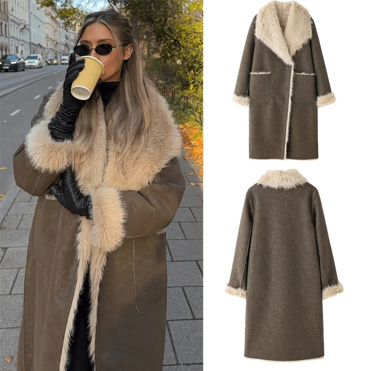 Autumn Faux Overcoats Jackets Women Fashion Pockets Trench Fur Outwear Wind Wear Long Coats and Fur Coats on Both Sides