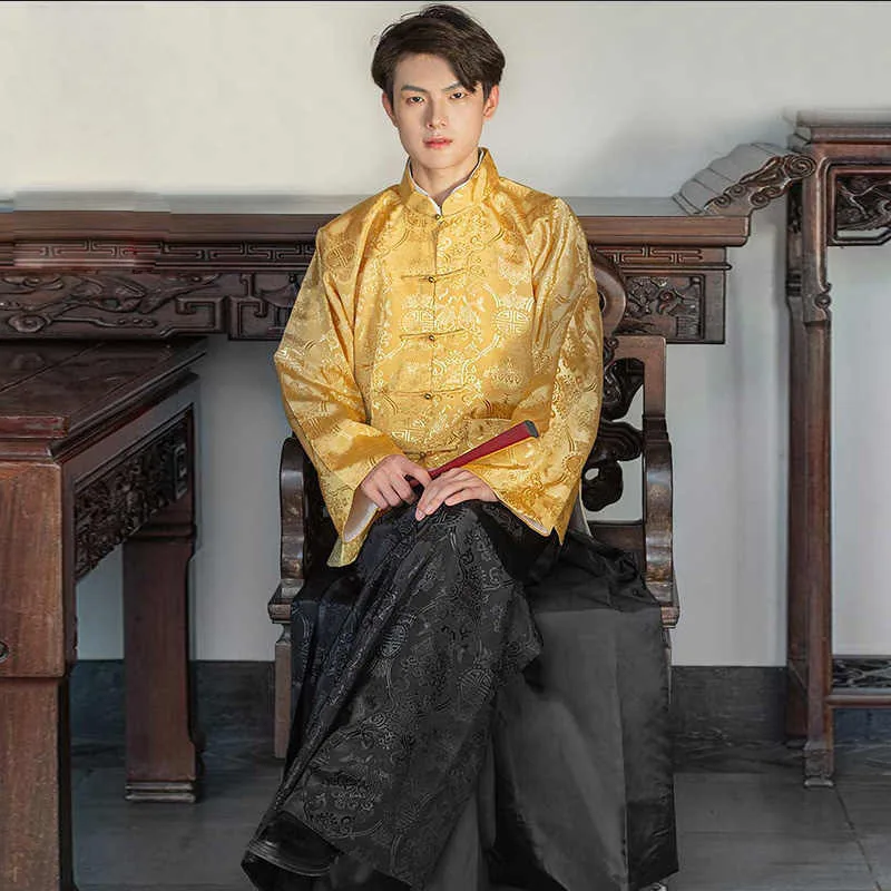 

Mens Cotton Linen Gold Red Blue Black Mandarin Jacket + Long Robe Male AD 1900 - 1949 Traditional Chinese Streetwear Tang Suit