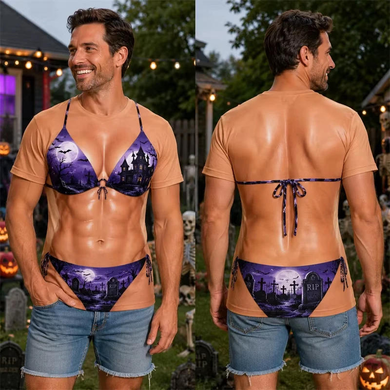 Unisex Halloween 3D Optical Illusion T‑Shirt, Fake Bikini Muscle Print Funny Prank Tee Spider Pumpkin Party Tops for Men Women