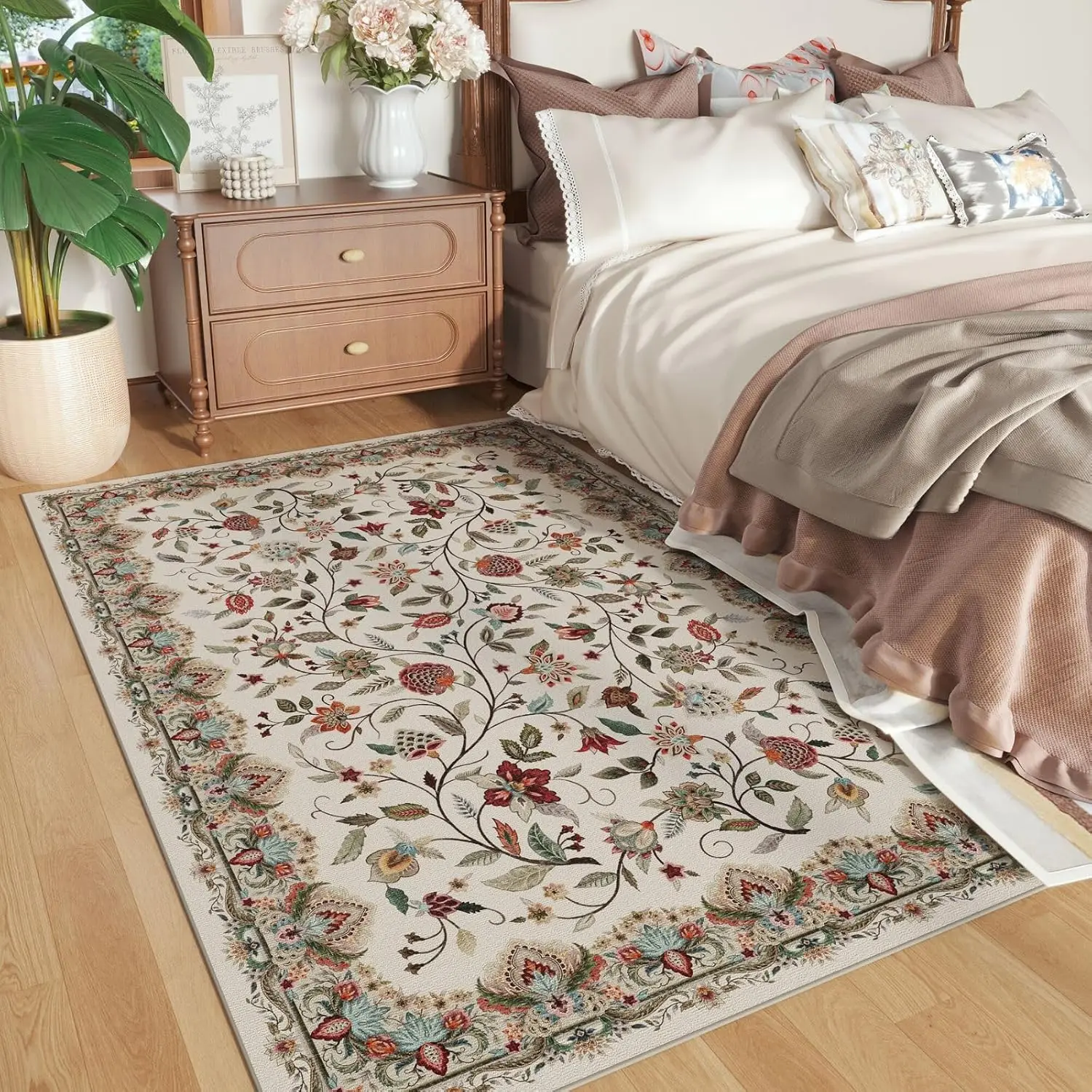 Vintage Paisley Area Rug - Machine Washable, Non-Slip Low Pile Small Floral Carpet for Bedroom, Bedside, Kitchen, Entryway,