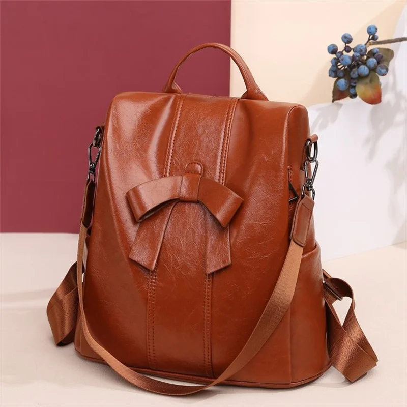 TRAVEASY PU Leather Vintage Bows Cute Woman Backpack Small Casual Middle School Shoulder Bag Elegant Outdoor Travel Handbag Pink