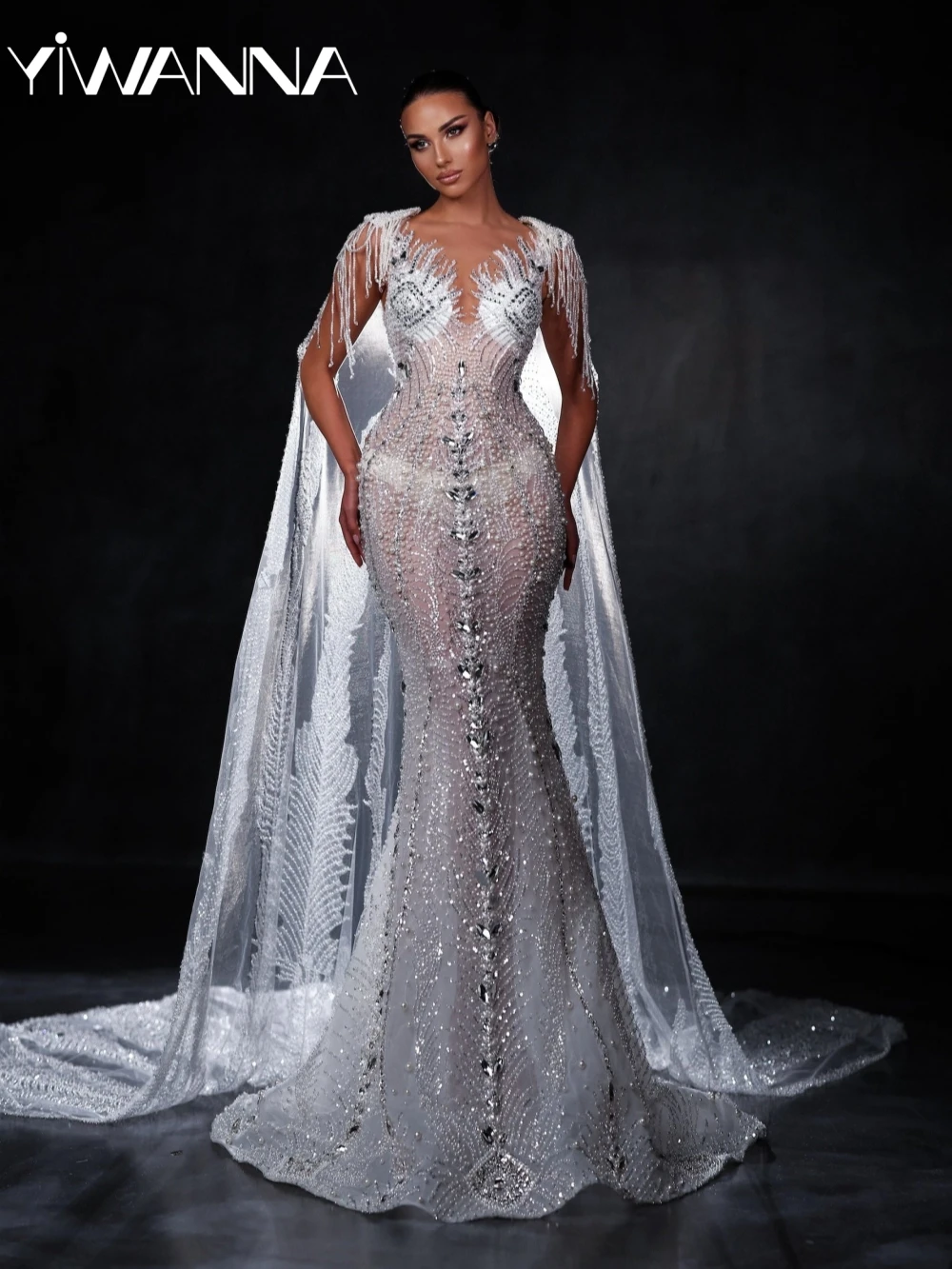 

Gorgeous Pearls Crystal Long With Cape Wedding Dress Sexy Illusion Mermaid Bridal Gown Customized Attractive Dresses For Bride