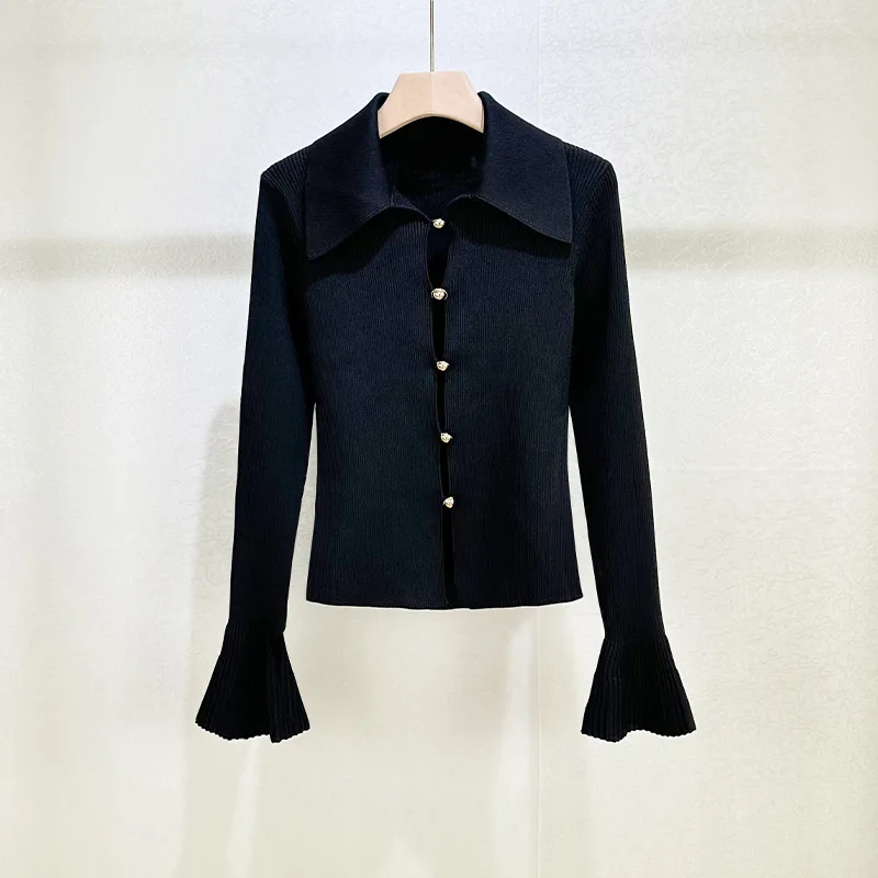 Early Spring 2026 All-match Lapel Knitted Flare Sleeve Base Shirt