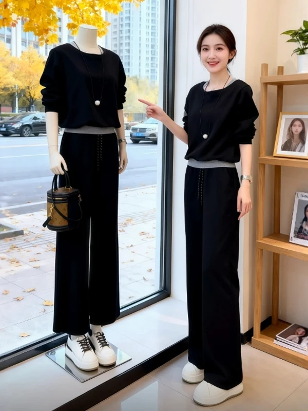 

Свободная женская толстовка с длинными рукавами больших размеров, модный топ с эффектом похудения, весенний, черный, с имитацией двухслойности, удобный, в уличном стиле.