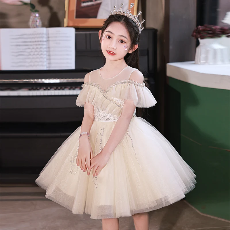 Temperament Girls Evening Dress Round Neck Off Shoulder Applique Sequin Knee-Length Dresses Sweet Princess Summer Ball Gown