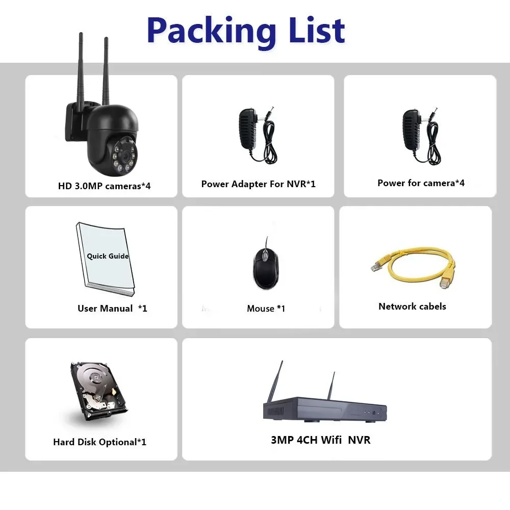 ระบบกล้องวงจรปิดไร้สาย 4CH HD แบบโดม NVR ชุดกล้องวงจรปิด Wifi สำหรับภายนอกอาคาร ความละเอียด 3MP กล้อง IP หมุนได้ ระบบรักษาความปลอดภัย พร้อมจอ LCD
