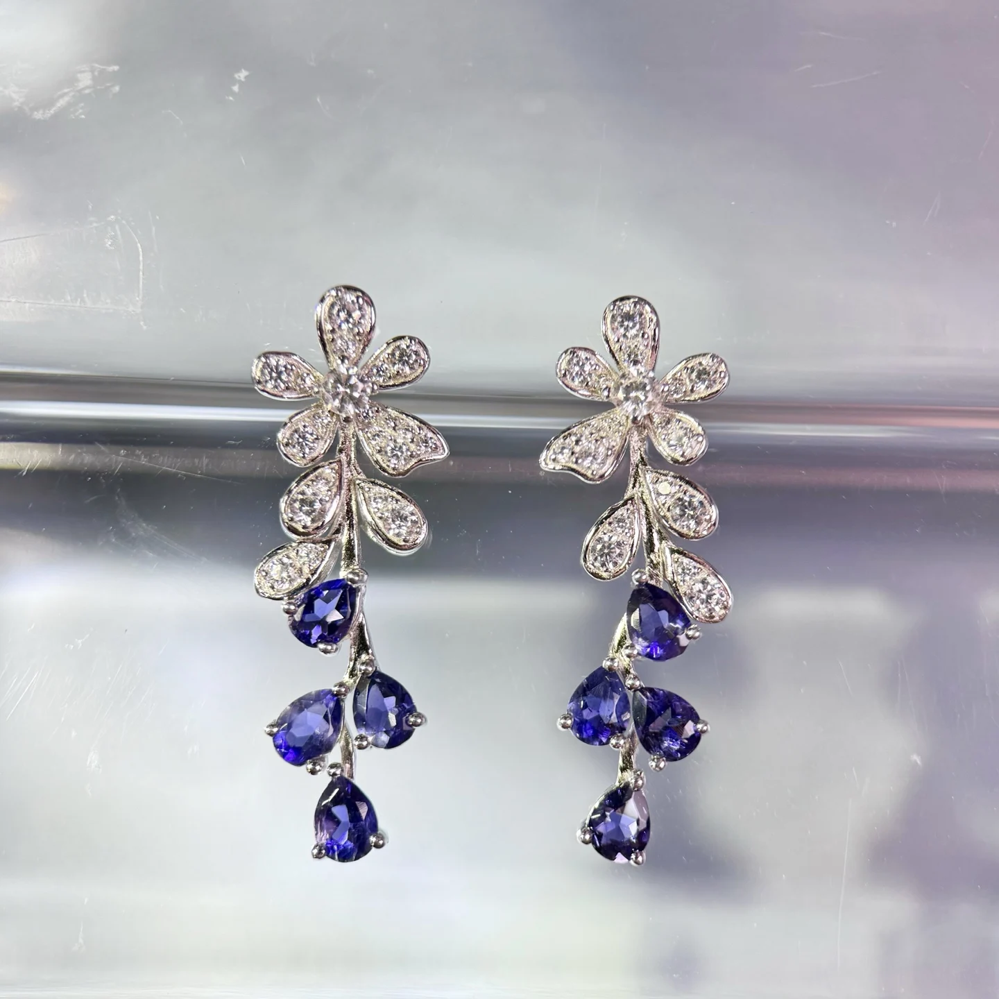 

HT25 Fine Jewelry Solid 925 Sterling Silver 1.17ct Natural Blue Iolite Gemstones Earrings for Women Fine Presents