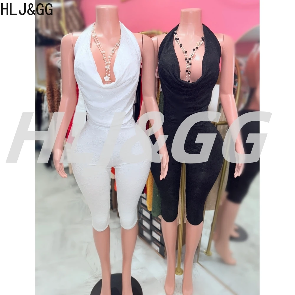 

HLJ&GG Sexy Halter Lace Backless One Piece Jumpsuits Women Deep V Sleeveless Slim Playsuits Fashion Solid Clubwear Overalls 2025