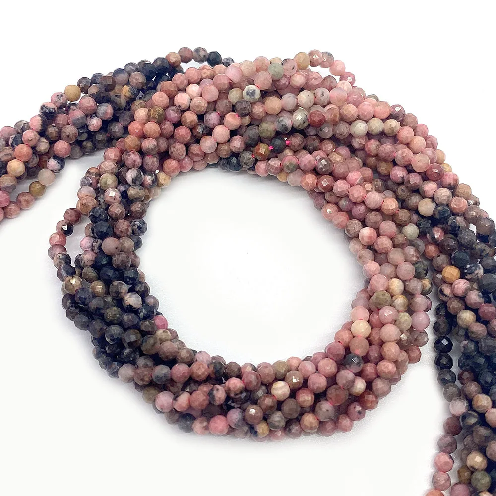 

2-4mm Colorful Natural Stone Round Beads Facet Processing Rhodochrosite Straight Holes Loose Beads 1strand DIY Necklace Bracelet